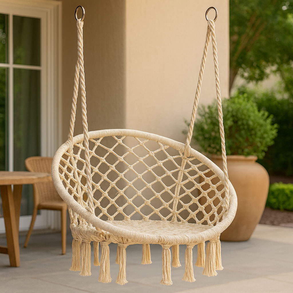 Leagan Modern cu Franjuri, Bumbac Impletit, 150 kg, Pentru Interior Si Exterior, Bej