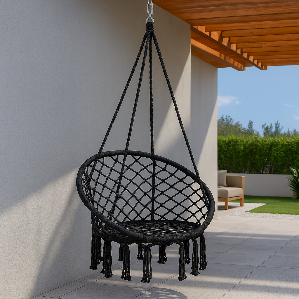 Leagan Brazilian Impletit cu Franjuri, Scaun Agatat, 120 kg, Interior Exterior, Negru