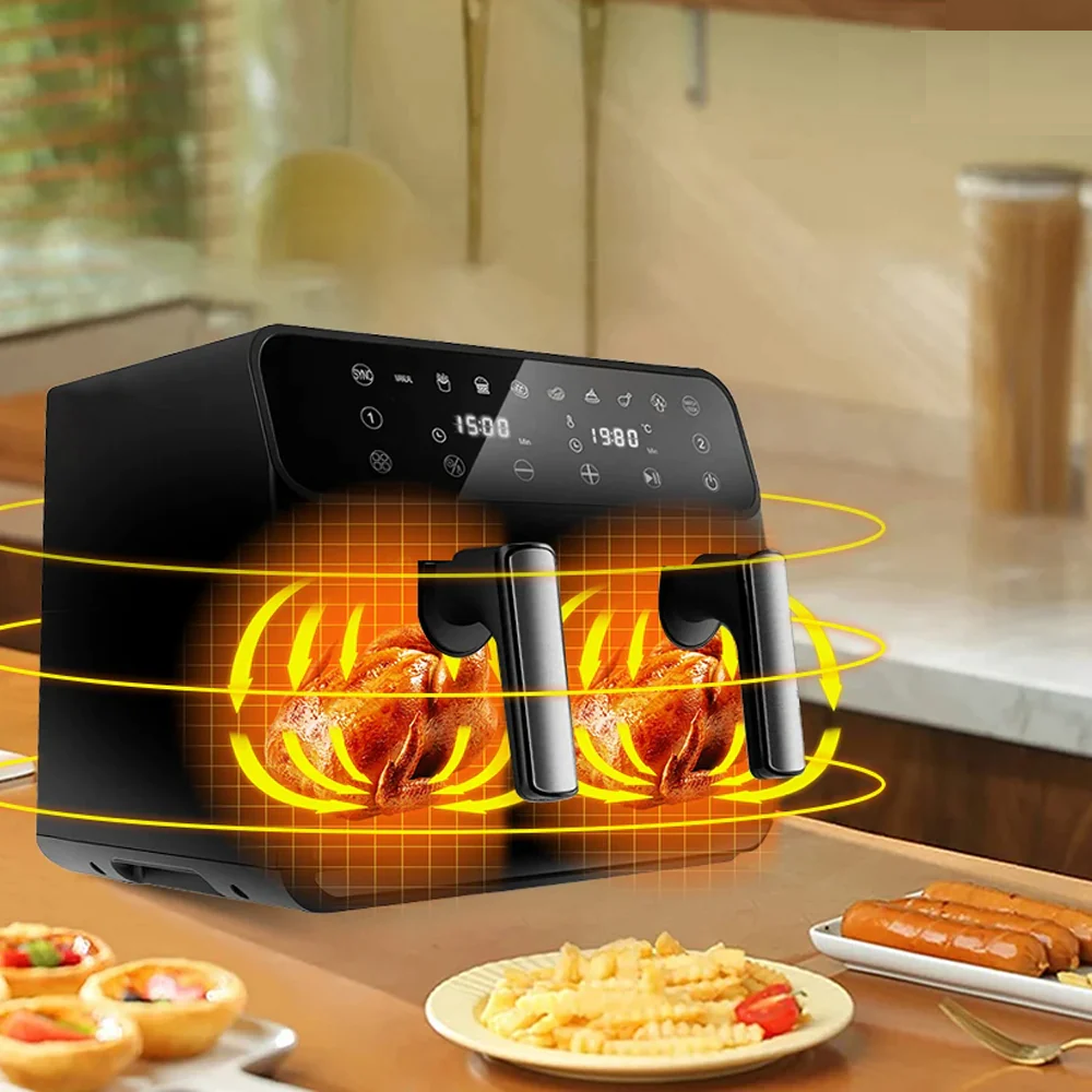 Friteuza Leihmann - Air Fryer Dublu - 3000W, Capacitate 10L - Smart Sensing, cu Cantarire Inteligenta + 100 Hartii Copt Cadou