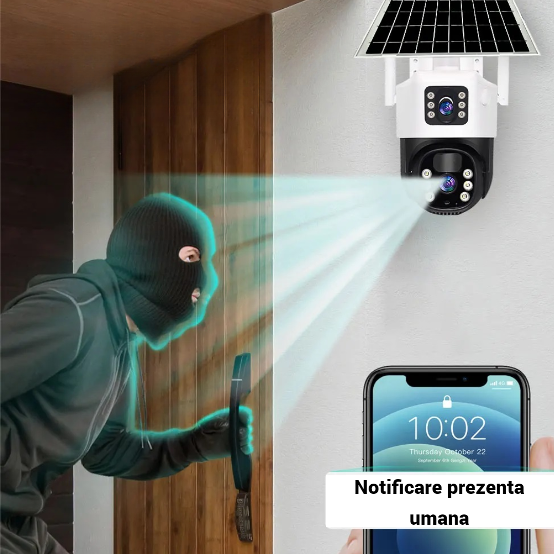 SET 2X Camere de Supraveghere Duale, cu Slot de Cartela 4G, 4K HD Rezolutie 6MP, Panou Solar, Vedere Nocturna + 2x Card 64GB