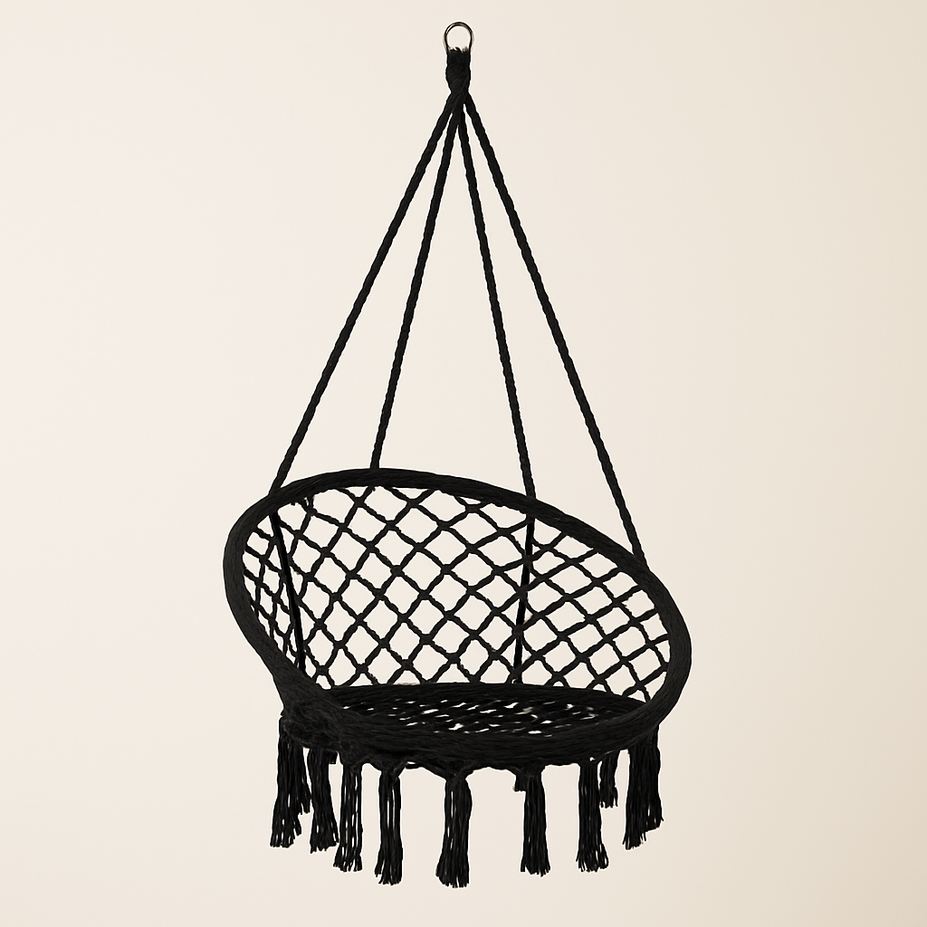 Leagan Brazilian Impletit cu Franjuri, Scaun Agatat, 120 kg, Interior Exterior, Negru