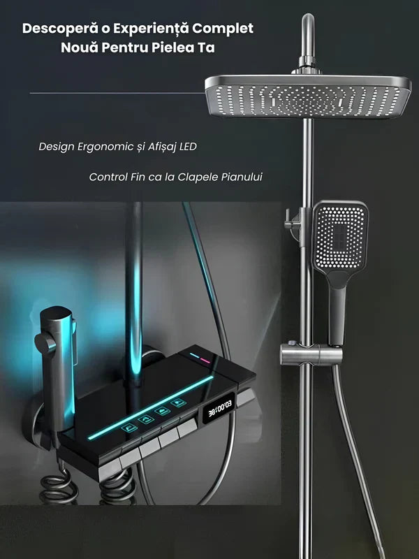 Set Baterie Coloana de Dus EliteWave - Tip Ploaie, Control Termostatic, Afisaj LED, Rotire 360°, 4 Moduri de Pulverizare