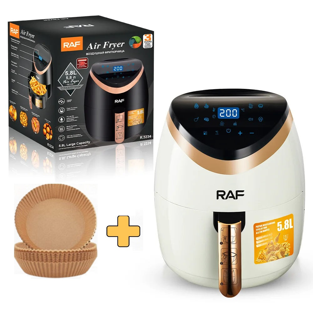 Friteuza Air Fryer RAF - Gatire fara Ulei, Capacitate 6lL, Display Touch Screen, 2400W, + SET 100 Hartii de Copt