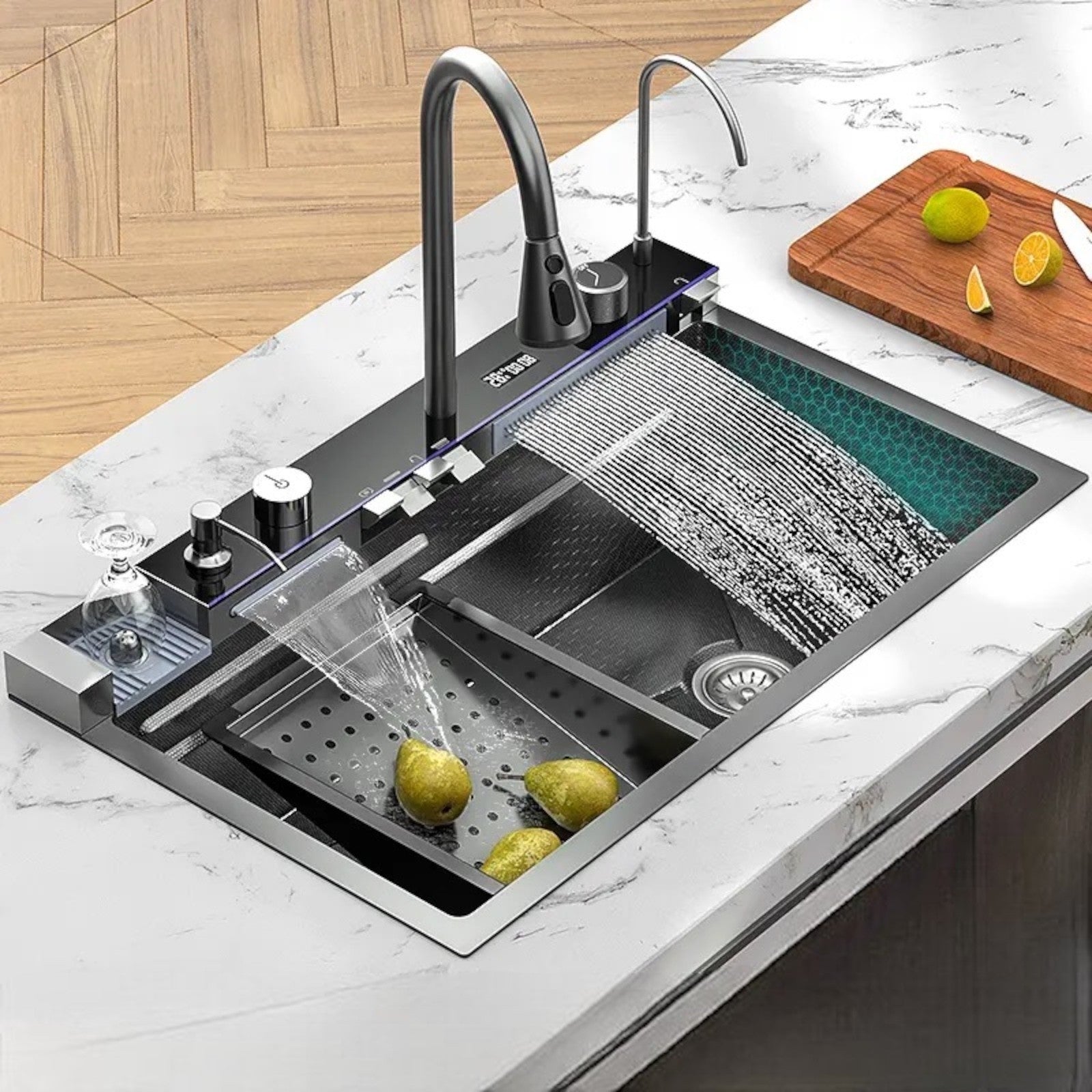 Chiuveta de Bucatarie Originala din Inox, Gri Antracit - Control Tactil, Lumina LED, EliteWave, Dus Reglabil, cu Spalator de Pahare, 75×45x22CM