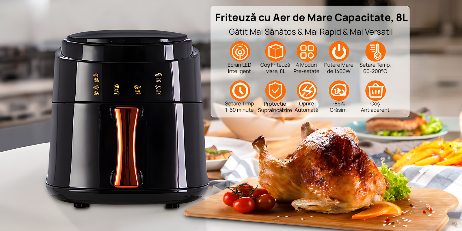 Friteuza cu Aer Cald Hoffmans - XL Air Fryer 7.5L, 2400W - Control Touch Screen