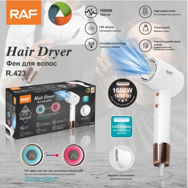 Uscator de Par RAF R423 – 1600W, 3 Trepte de Temperatura, 2 Viteze, Cap Magnetic de Precizie