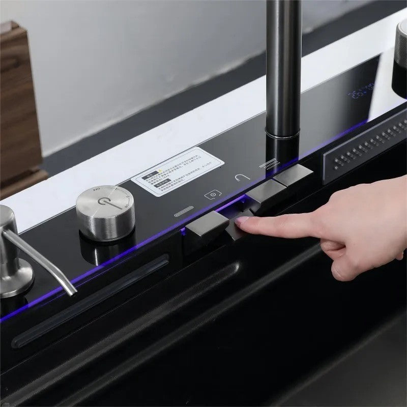 Chiuveta de Bucatarie Originala din Inox, Gri Antracit - Control Tactil, Lumina LED, EliteWave, Dus Reglabil, cu Spalator de Pahare, 75×45x22CM