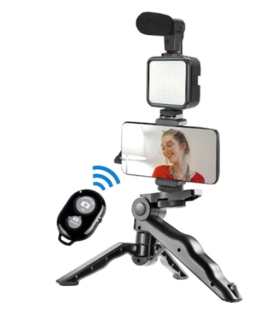 Set Complet Vlogging: Trepied ABS, Microfon Cardioid, Suport Telefon si Lumina LED 5W