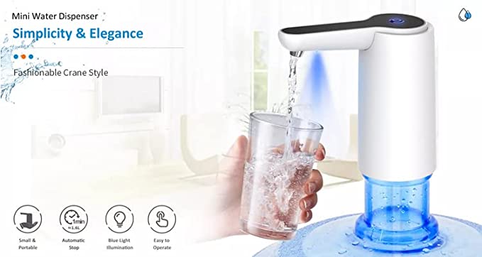 Dispenser portabil pentru apă filtrată îmbuteliată, cu pompă automată și suport propriu