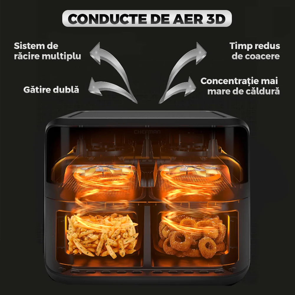 Friteuza Leihmann - Air Fryer Dublu - 3000W, Capacitate 10L - Smart Sensing, cu Cantarire Inteligenta + 100 Hartii Copt Cadou