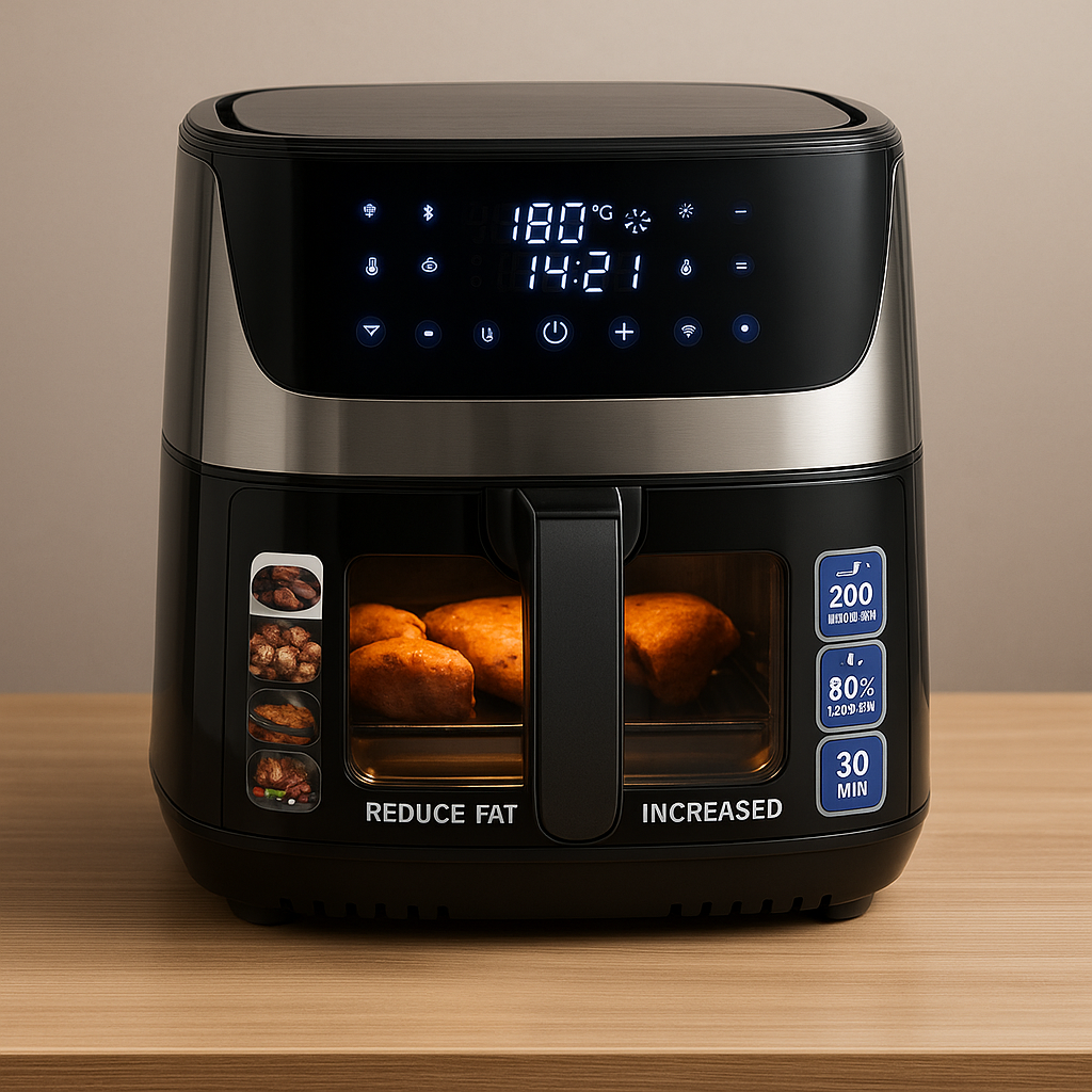 Friteuza cu Aer Cald 8L Hoffmans - 2400W, Panou Control LED, 10 Programe, cu Geam Transparent