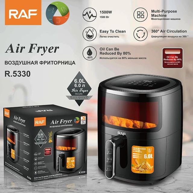 Friteuza cu Aer Cald - Air Fryer RAF- 6L, Control Tactil, cu functie AirCrisp, 1500W, Negru