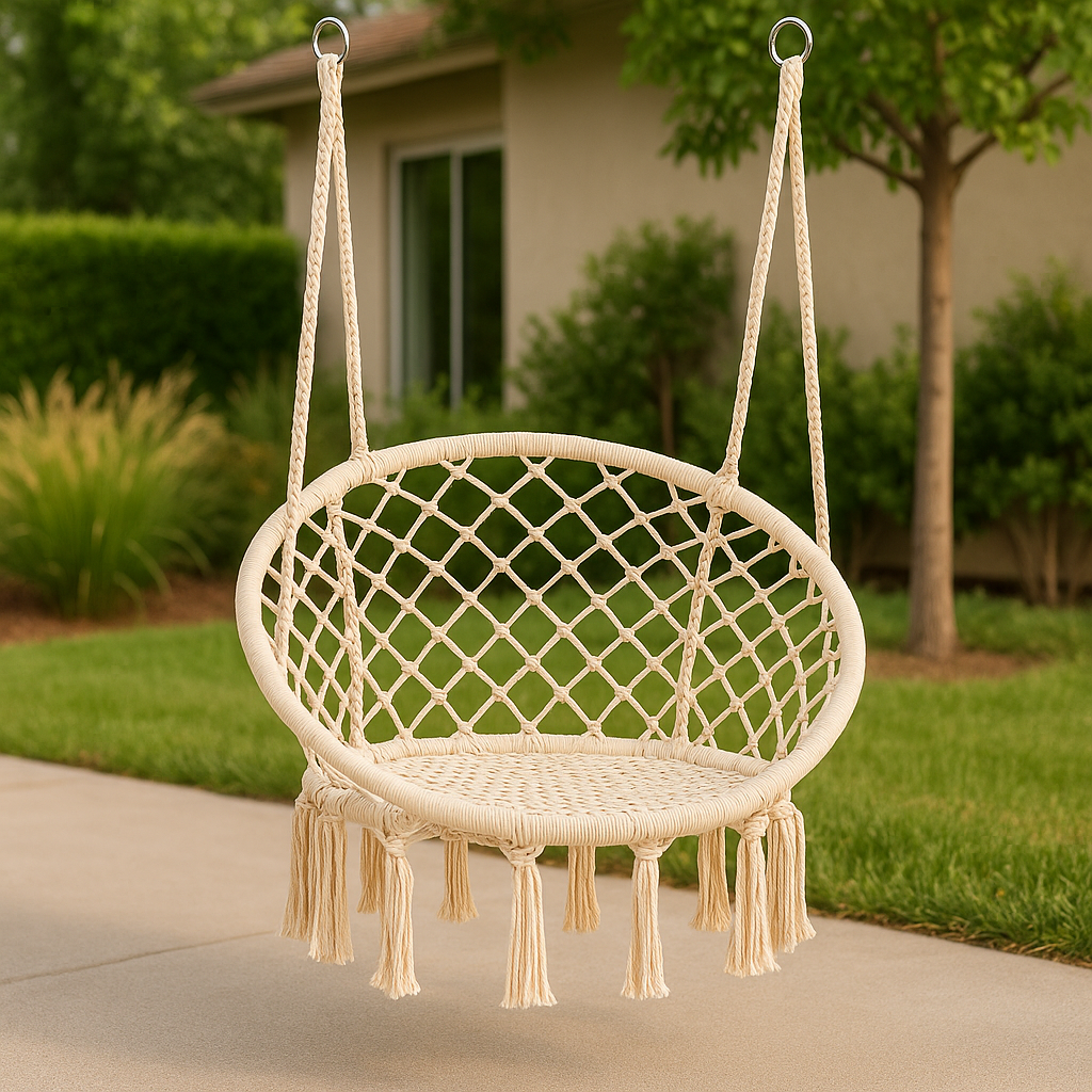 Leagan Modern cu Franjuri, Bumbac Impletit, 150 kg, Pentru Interior Si Exterior, Bej