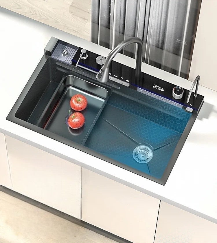 Chiuveta de Bucatarie Originala din Inox, Gri Antracit - Control Tactil, Lumina LED, EliteWave, Dus Reglabil, cu Spalator de Pahare, 75×45x22CM