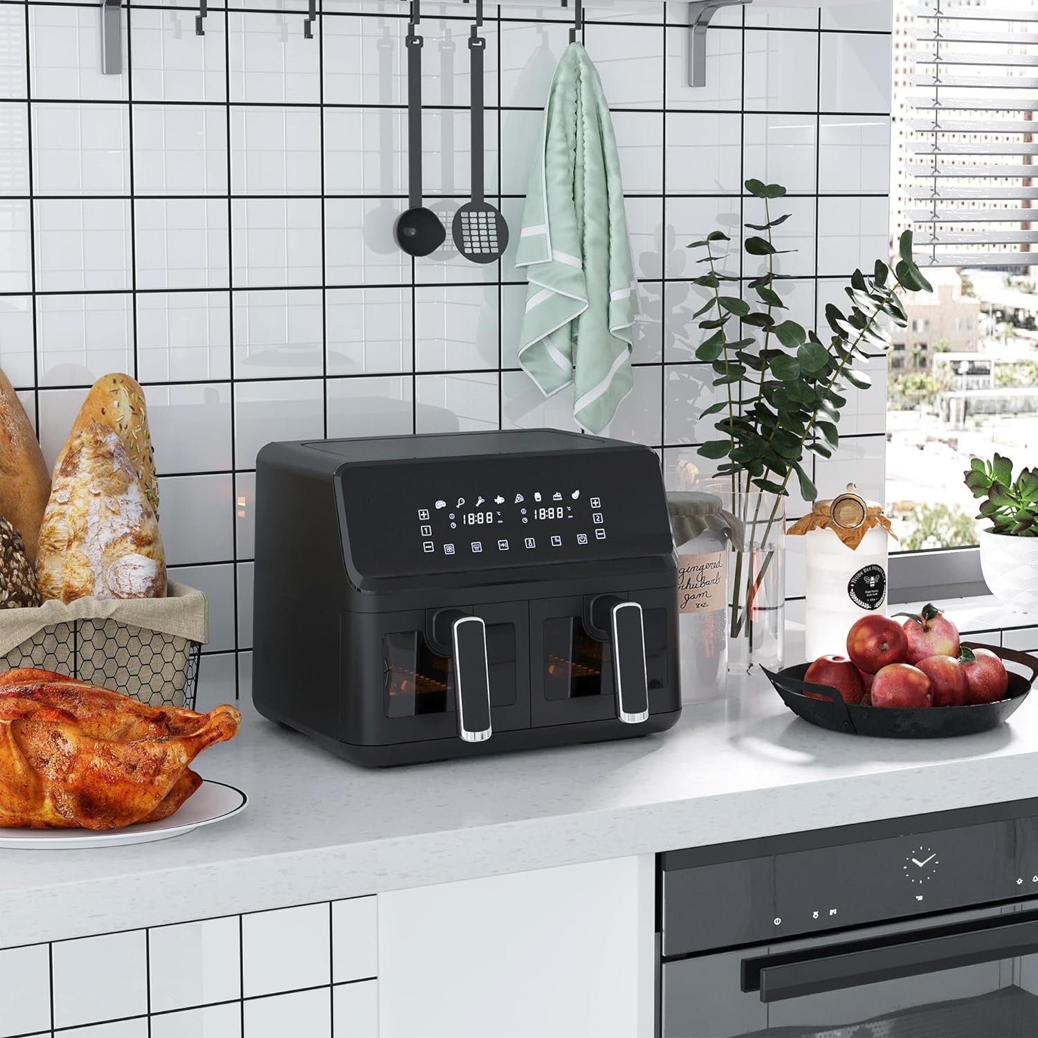 Friteuza Leihmann - Air Fryer Dublu - 3000W, Capacitate 10L - Smart Sensing, cu Cantarire Inteligenta + 100 Hartii Copt Cadou