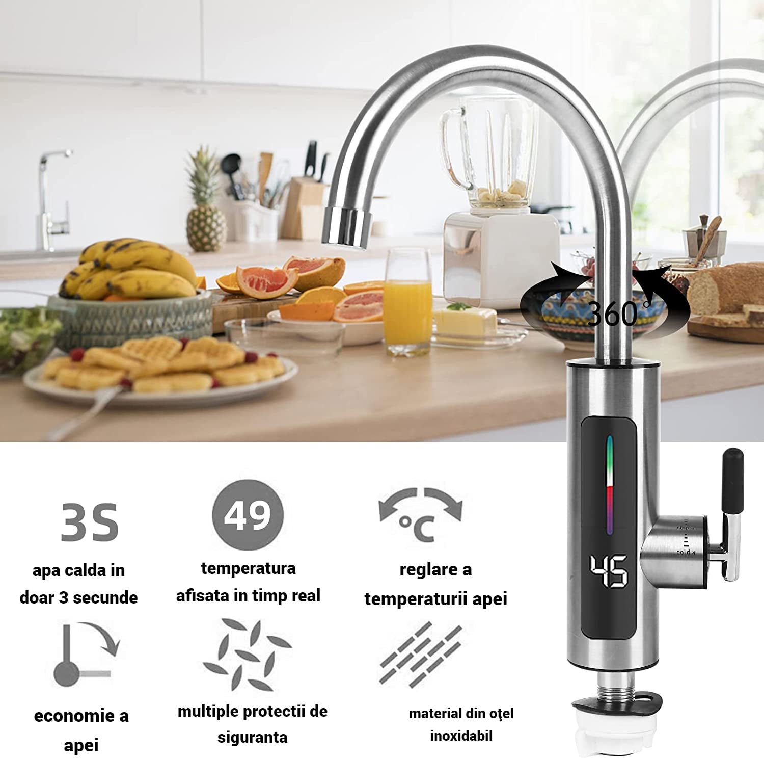 Robinet Instant Apa Calda, IPX4, 360° rotire 3000W, FutureKitchen,