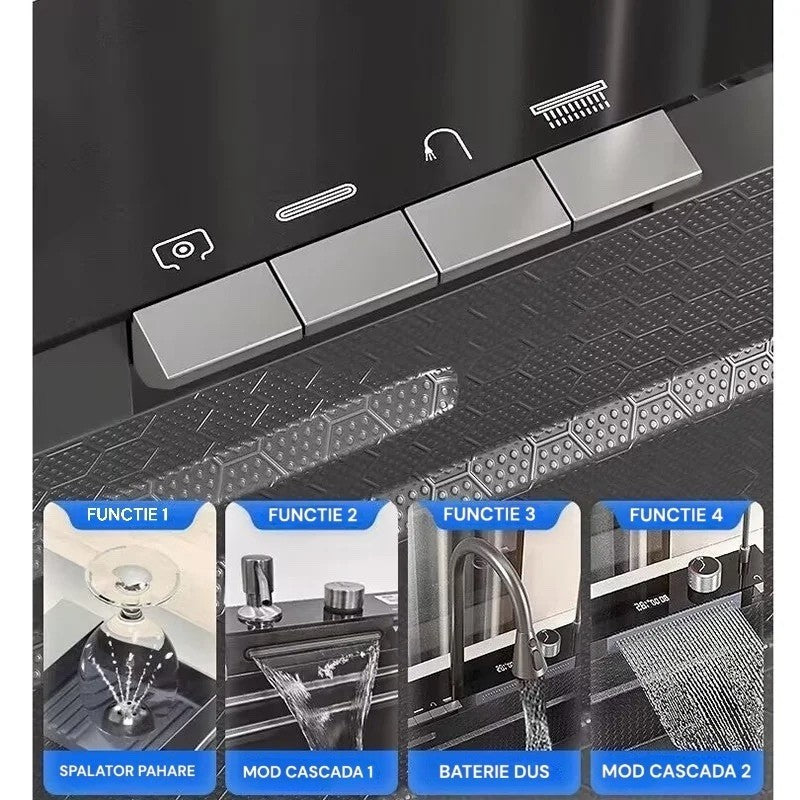 Chiuveta de Bucatarie Originala din Inox, Gri Antracit - Control Tactil, Lumina LED, EliteWave, Dus Reglabil, cu Spalator de Pahare, 75×45x22CM