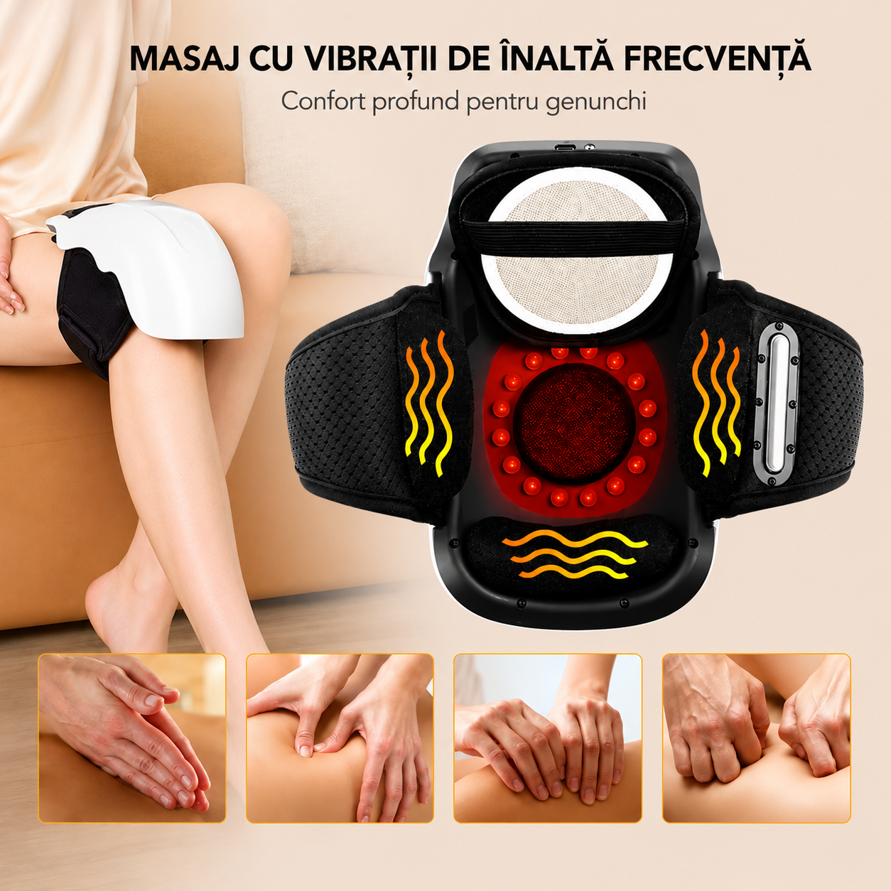 Dispozitiv Electric Masaj Genunchi 4-in-1 - Caldura, Vibratie, Terapie Magnetica + Infrarosu - Reglabil, Reincarcabil USB-C