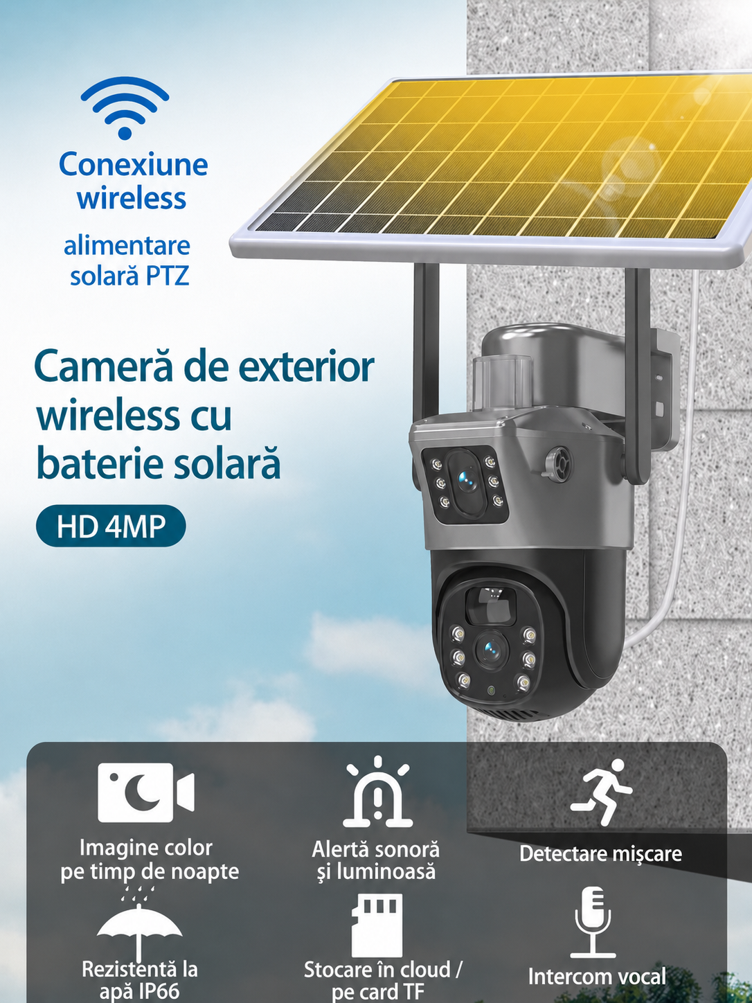 Camera Supraveghere WiFi - Solara Dubla, 8MP cu Panou, Card 32GB Inclus, Vedere Nocturna, IP66, Visuron