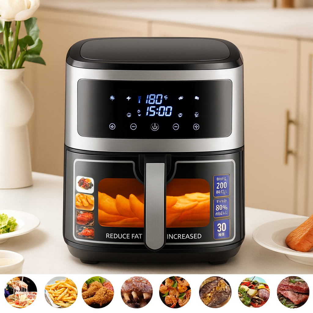 Friteuza cu Aer Cald 8L Hoffmans - 2400W, Panou Control LED, 10 Programe, cu Geam Transparent