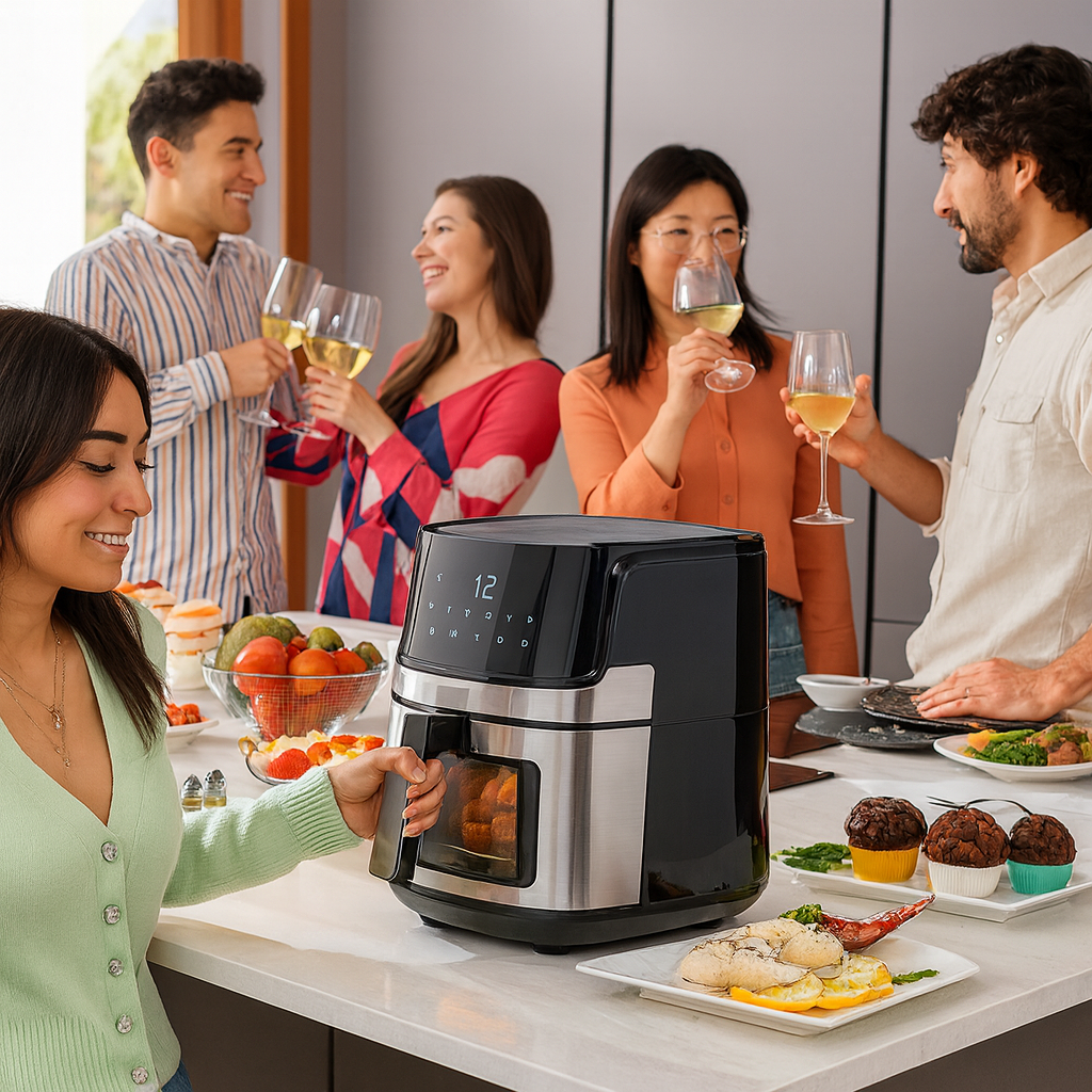 Friteuza cu Aer Cald 8L Hoffmans - 2400W, Panou Control LED, 10 Programe, cu Geam Transparent