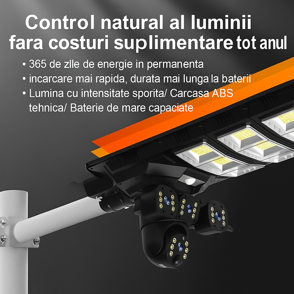 Lampa Solara 450W cu 2 Camere Supraveghere - 8MP, SIM 4G, Detectie Miscare, Pan-Tilt, IP65