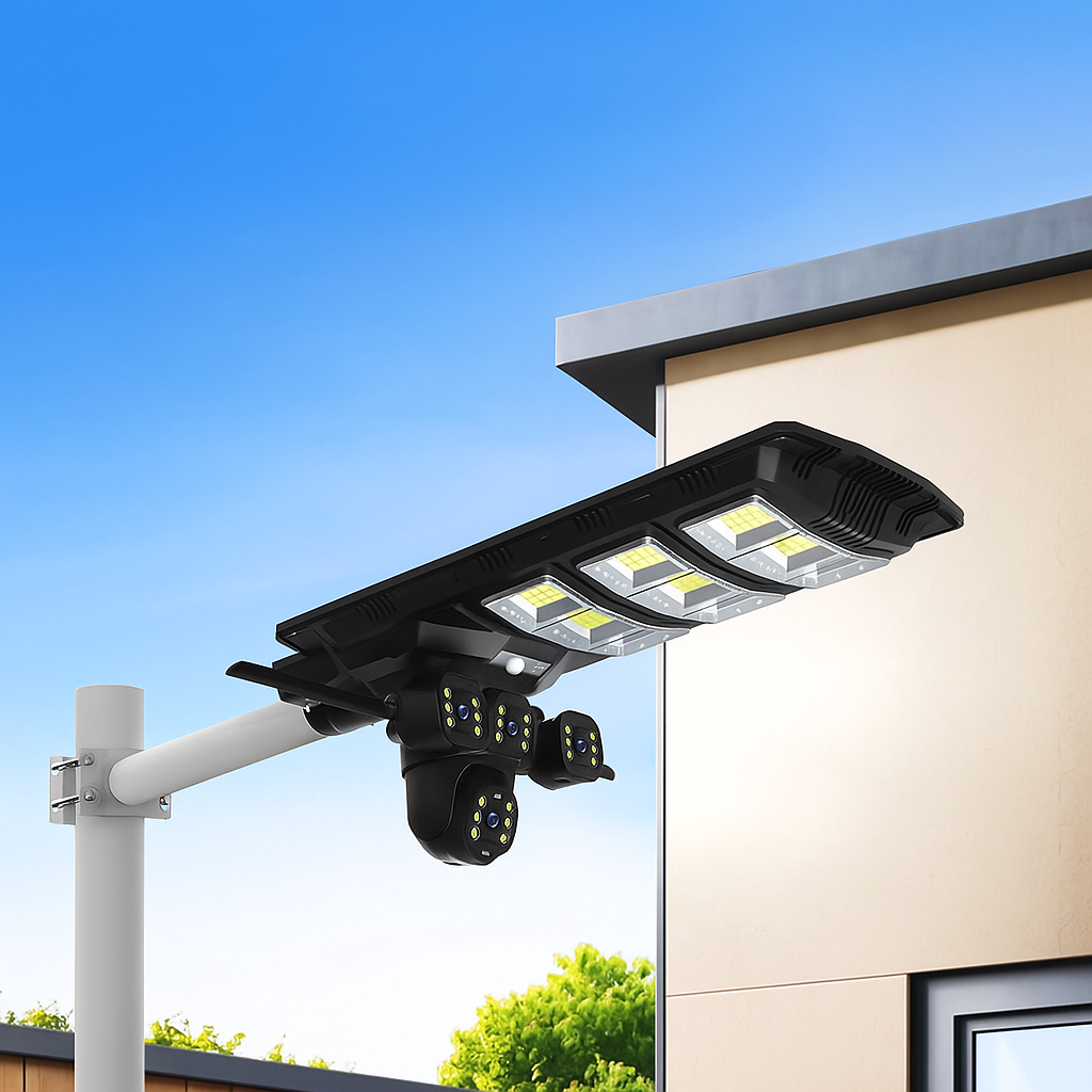 Lampa Stradala 450W cu Camera Tripla - V380Pro 12MP, Panou Solar, Slot SIM 4G, Card 32GB Inclus