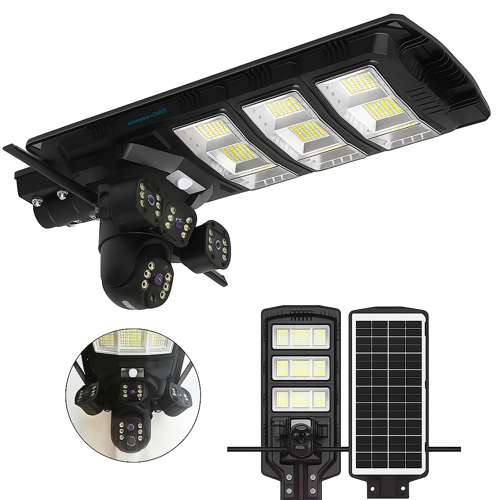 Lampa Stradala 450W cu Camera Tripla - V380Pro 12MP, Panou Solar, Slot SIM 4G, Card 32GB Inclus