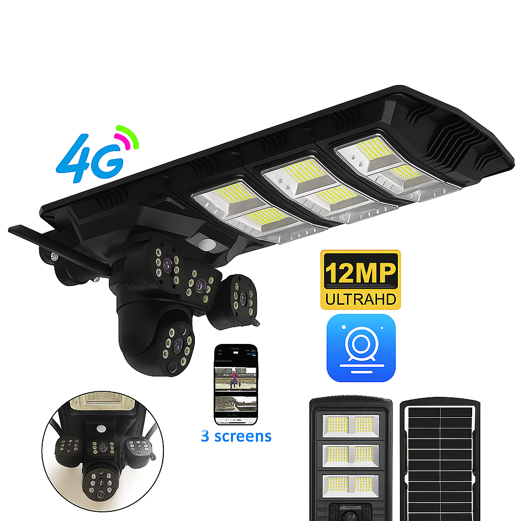 Lampa Stradala 450W cu Camera Tripla - V380Pro 12MP, Panou Solar, Slot SIM 4G, Card 32GB Inclus