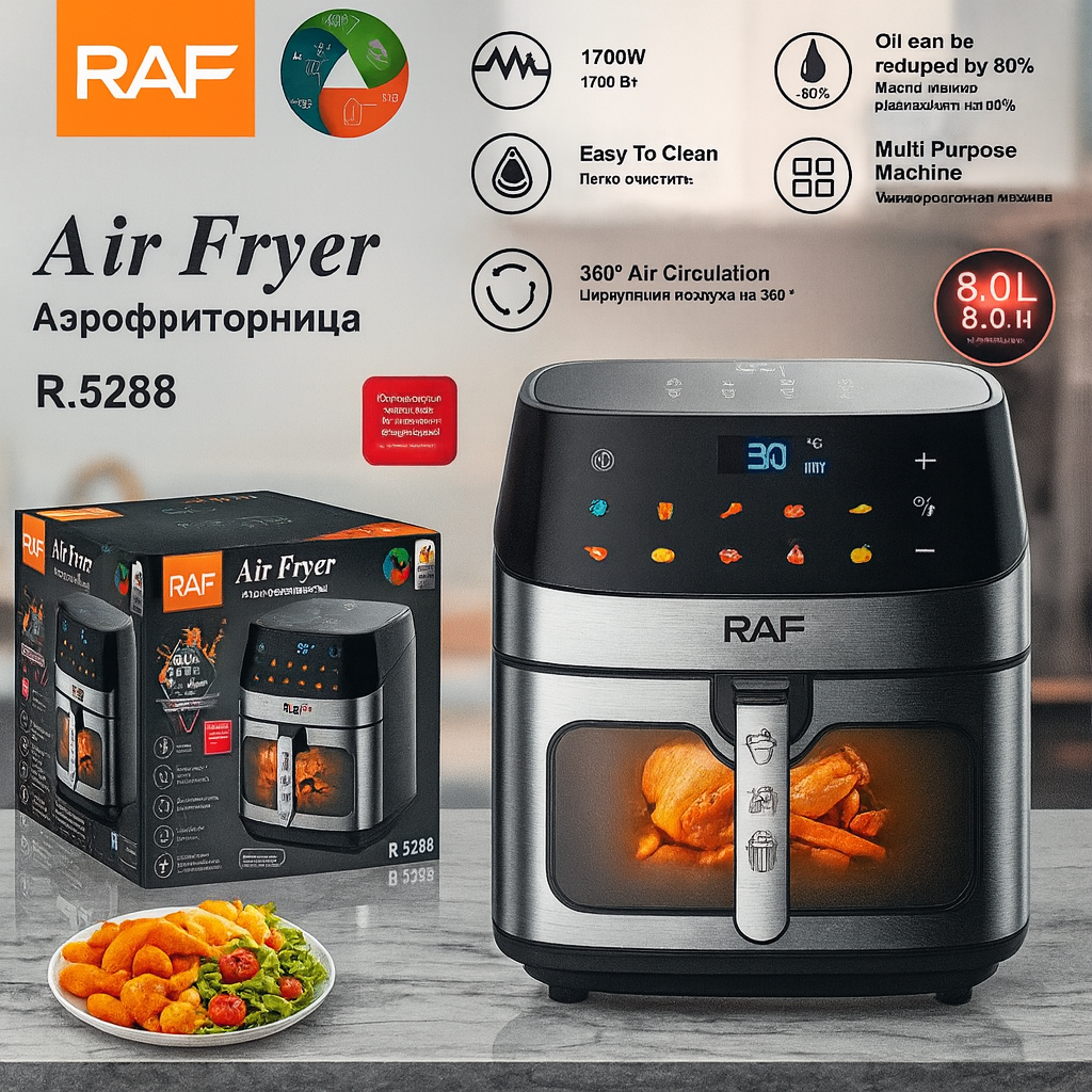 Friteuza Electrica RAF 8L, 1700W, Tehnologie Aer Cald, Vas Anti-aderent, Panou Control Digital