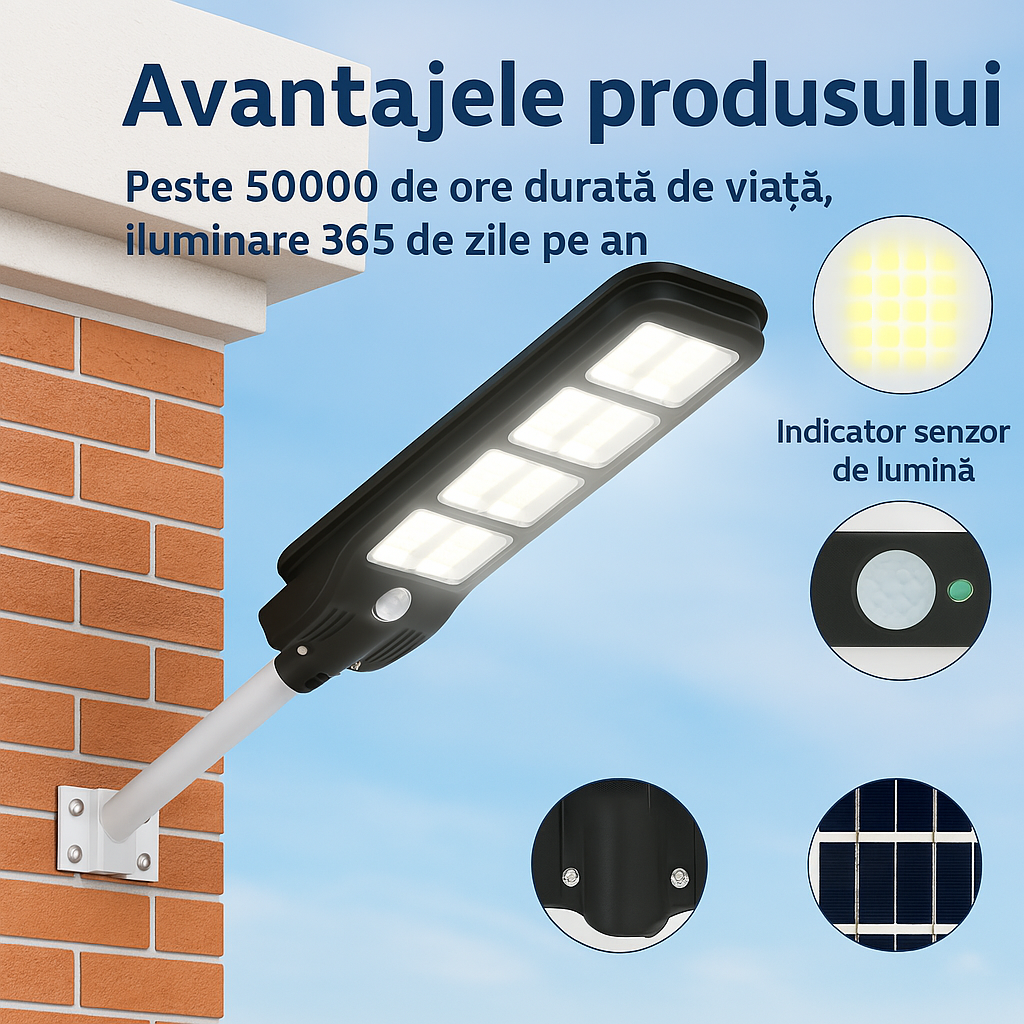 Lampa Solara Jortan 250W LED - 24000mAh, Autonomie 14h, IP65 + Telecomanda, 5 Cadrane