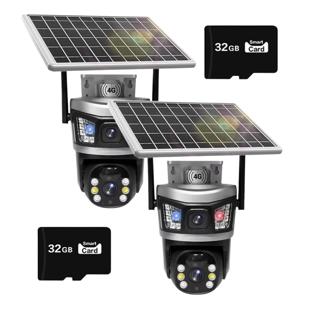 Set 2x Camera de Supraveghere 4G, 2 Lentile si Senzor de Miscare cu incarcare Solara, 6MP, 2x Card 32GB Incluse