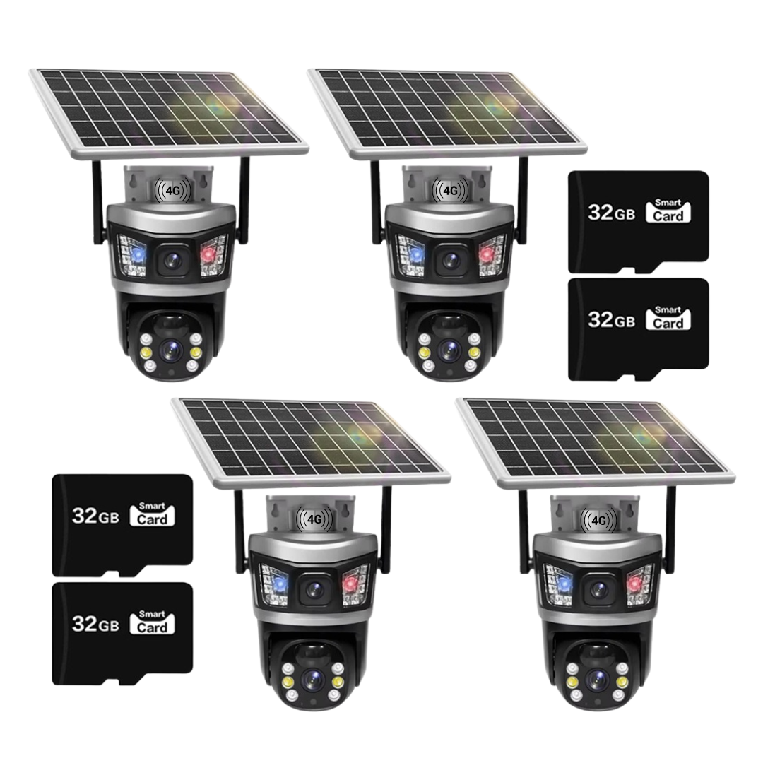 Set 4x Camera de Supraveghere 4G cu incarcare Solara, 2 Lentile si Senzor de Miscare, 6MP, 4x Card 32GB Incluse