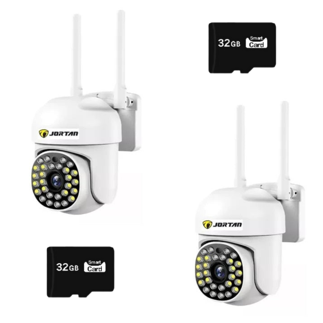 SET 2x Camera de Securitate, WiFi JT-8161QJ - 1080P, Alerta Human-ID cu LED-uri Active, Viziune Nocturna 30M, 2x Card 32GB Incluse