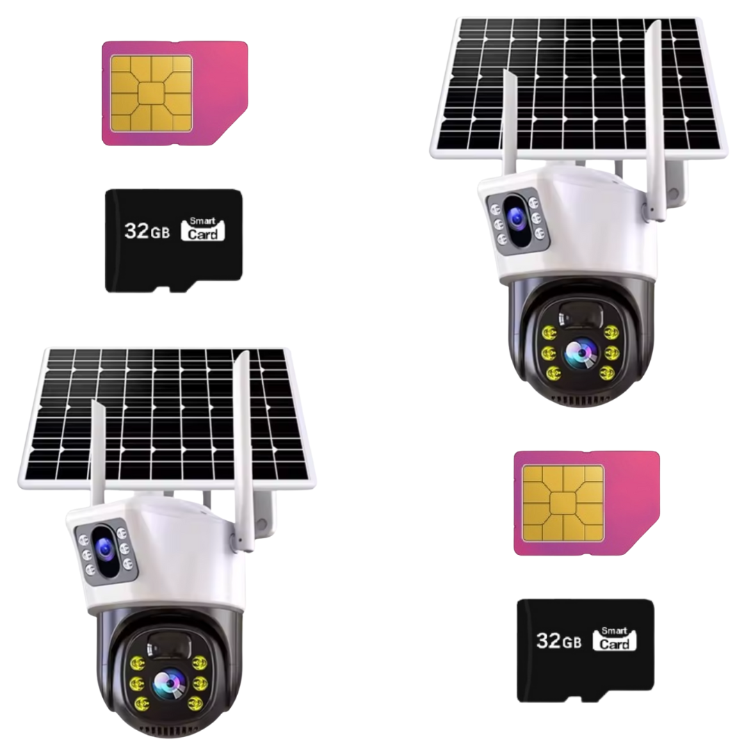 SET 2x Camere de Supraveghere Duale, Slot Cartela 4G, Panou Solar, 4K HD Rezolutie 6MP, Detectare umana PIR, 2x Carduri 32GB incluse