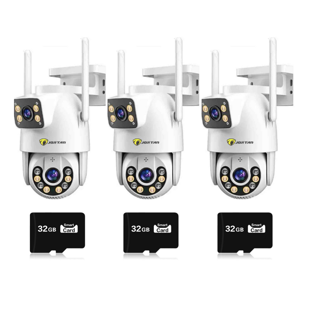 Set 3 Camere Supraveghere Jortan Wi-Fi/LAN 9697QJ, 6MP Total, PTZ, Vizualizare Color Nocturna, 3x Carduri microSD 32GB