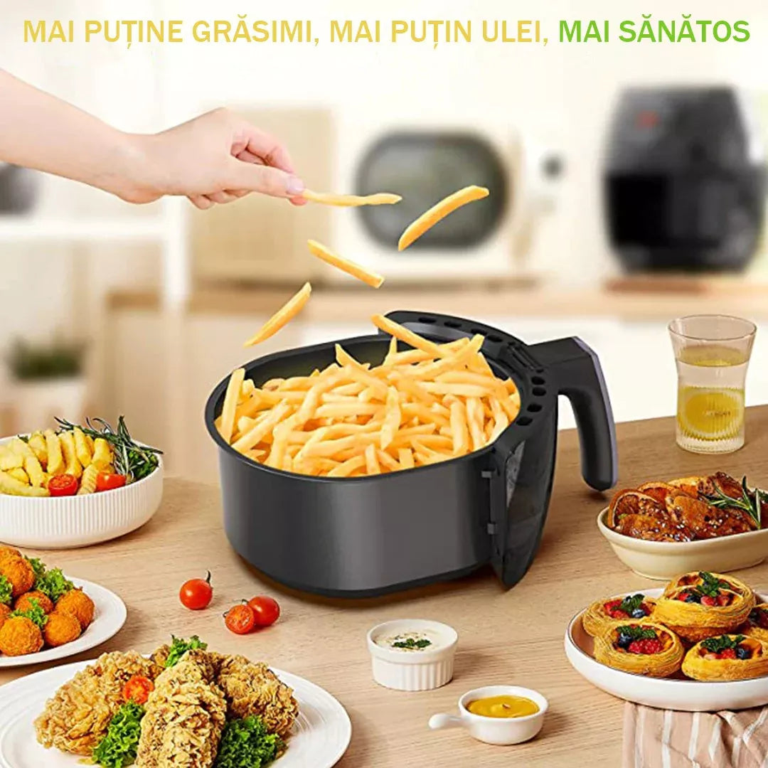 Friteuza Air Fryer RAF, 6L, Aer Cald Fara Ulei, 1500W, Negru, Sticla Transparenta, Touch Screen Digital