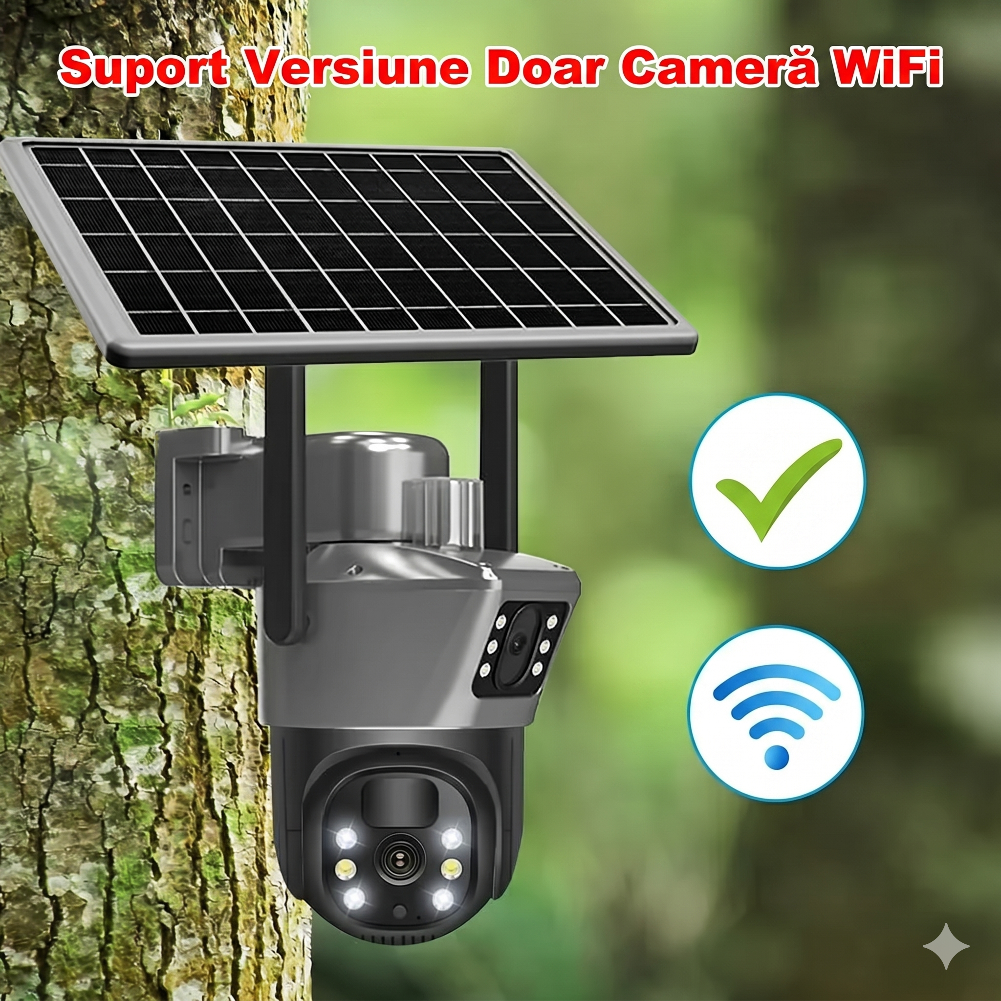 SET 4x Camere Solare Visuron Wi-Fi Duale, 8MP Viziune Nocturna, Zoom Optic 10x, IP66, cu Panou Solar, 4x Card 64GB