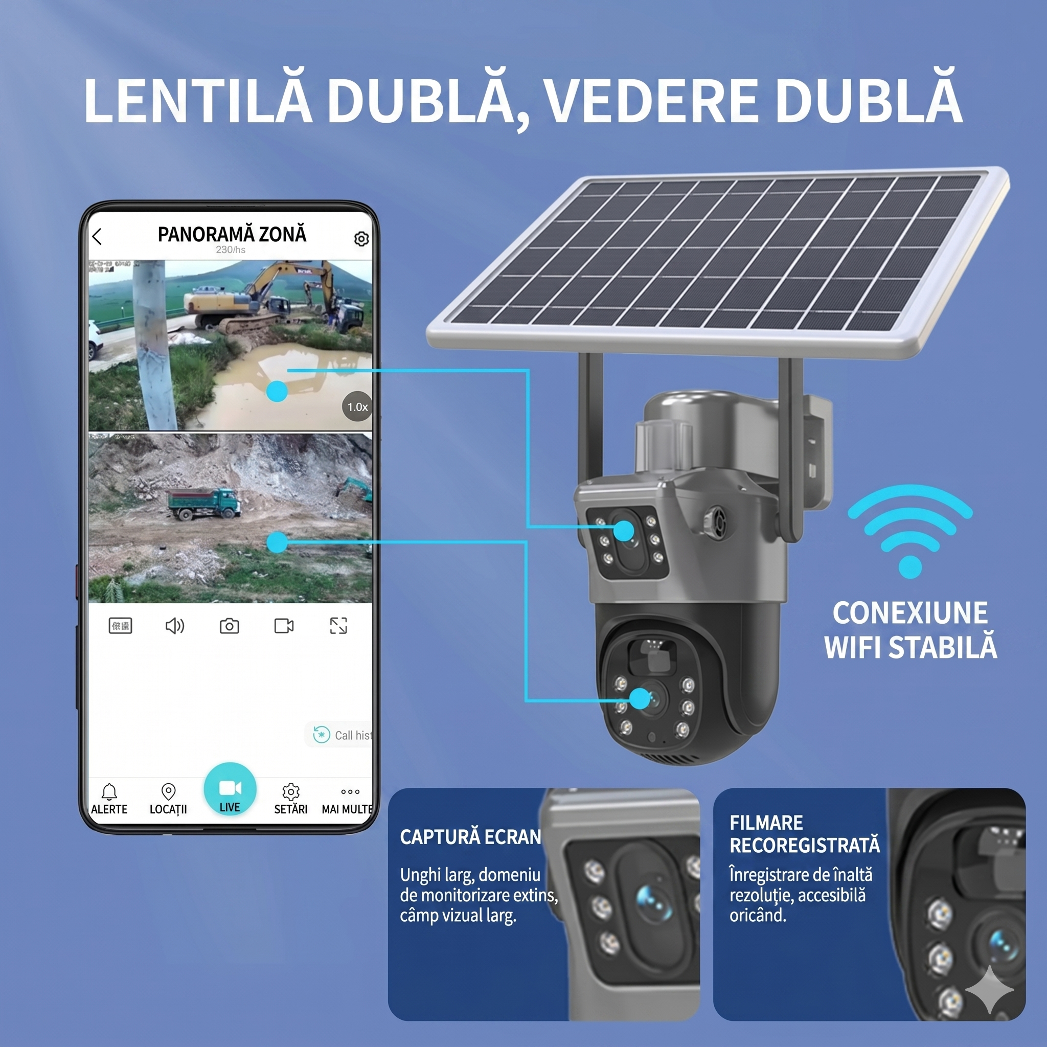 SET 4x Camere Solare Visuron Wi-Fi Duale, 8MP Viziune Nocturna, Zoom Optic 10x, IP66, cu Panou Solar, 4x Card 64GB