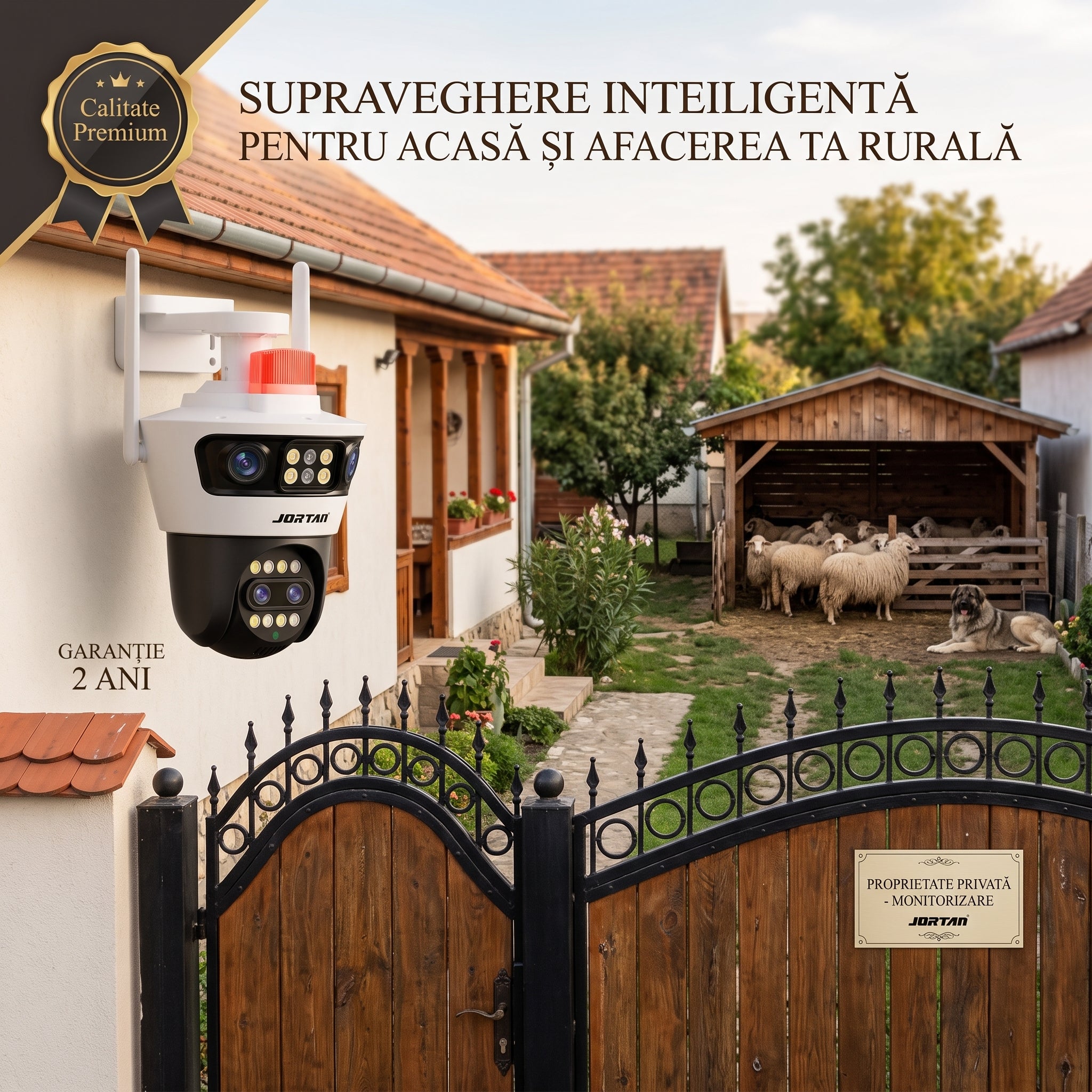 Camera Supraveghere Jortan 7AL - WiFi 12MP 4 Lentile PTZ IP66 + Card 32GB Cadou + Cablu 5M Cadou
