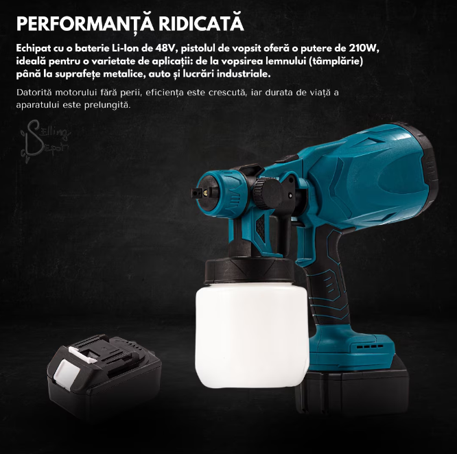 Pistol de Vopsit Electric Fara Fir, 2x Baterii Li-Ion 48V, 210W, ProDIY, Capacitate 800 ml