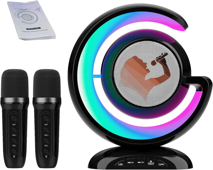 Dispozitiv Karaoke All-in-One, cu Boxa Bluetooth, Iluminare RGB Led, 1 Microfon, Slot Card, Conectare la Smartphone