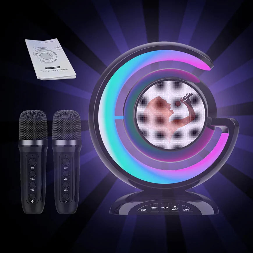 Dispozitiv Karaoke All-in-One, cu Boxa Bluetooth, Iluminare RGB Led, 1 Microfon, Slot Card, Conectare la Smartphone