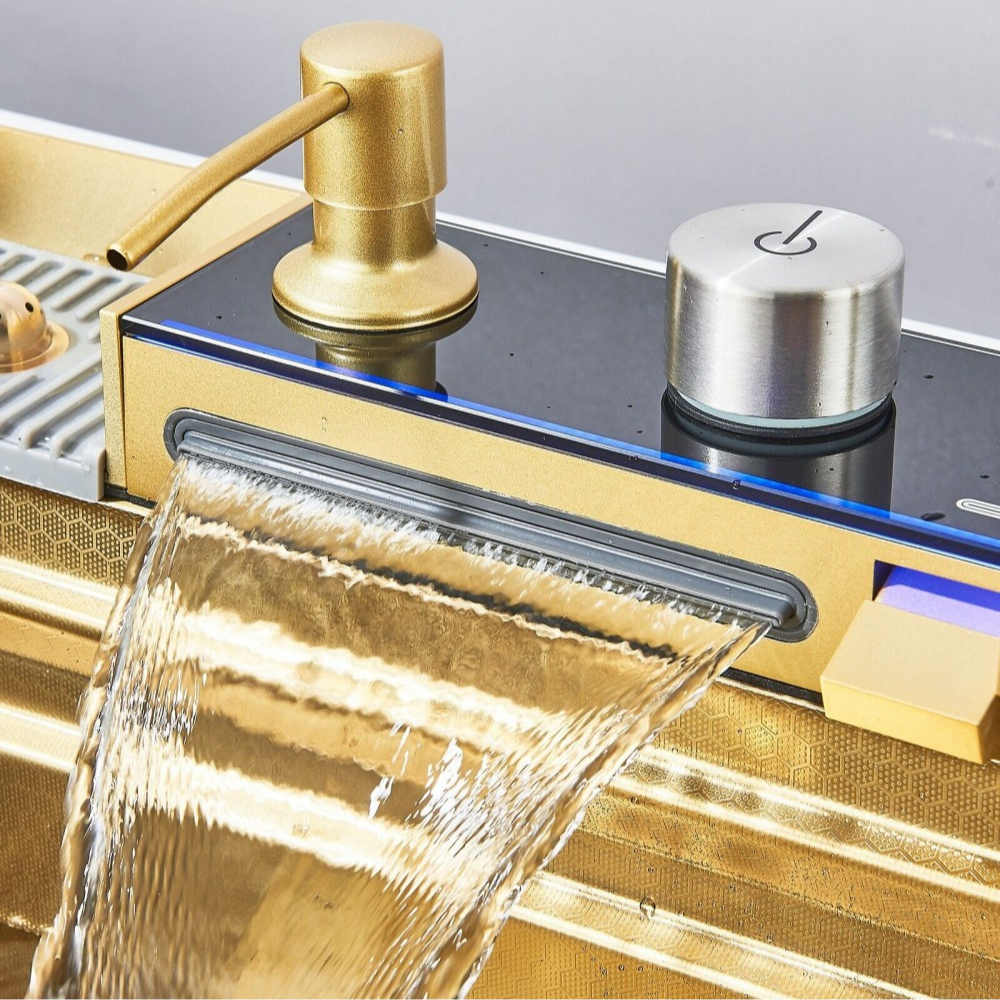 Chiuveta Inteligenta Gold EliteWave, din Otel Inoxidabil 75x45cm - LCD LED, cu Tehnologie Autonoma, Functii Avansate, 2 Cuve si Dus Extractibil