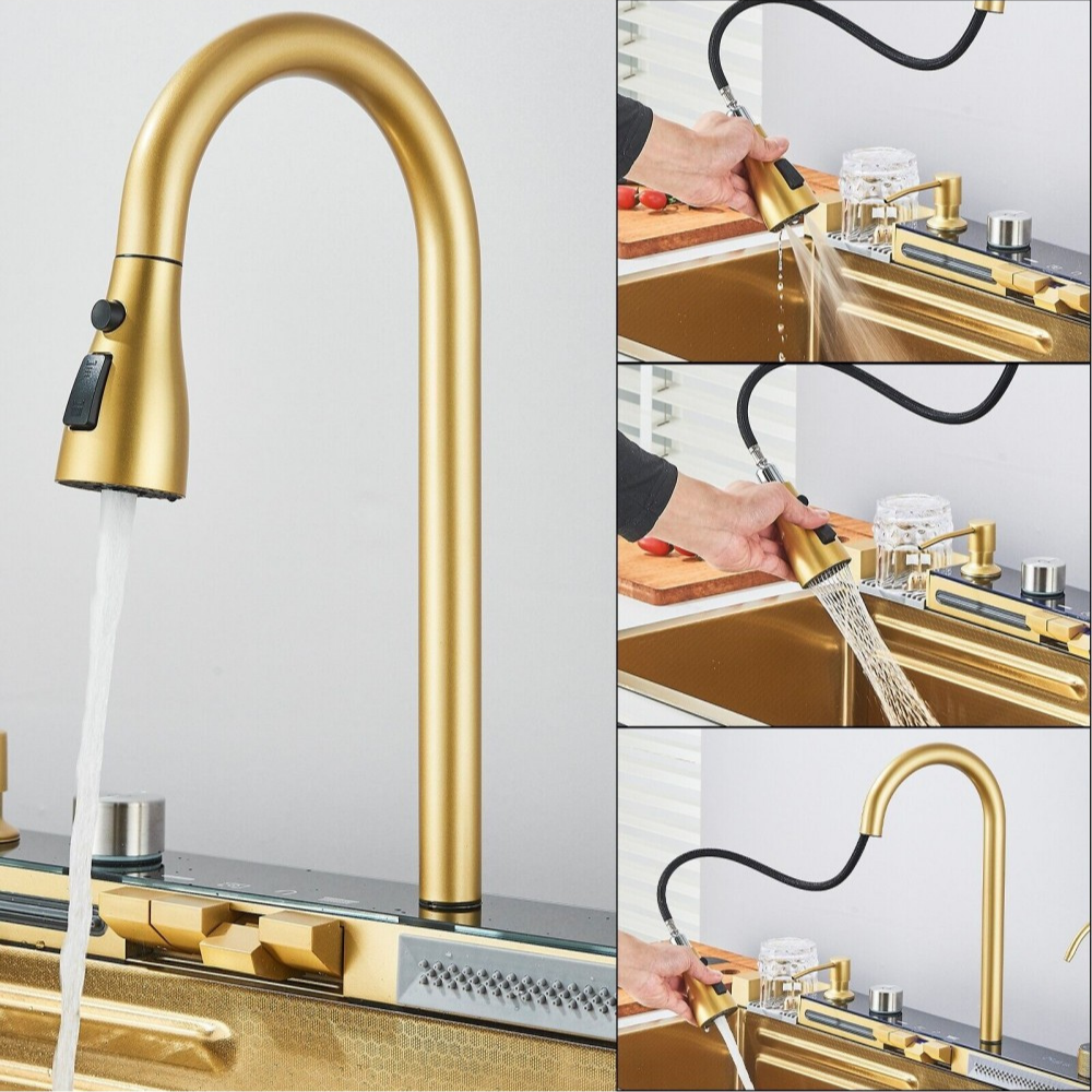 Chiuveta Inteligenta Gold EliteWave, din Otel Inoxidabil 75x45cm - LCD LED, cu Tehnologie Autonoma, Functii Avansate, 2 Cuve si Dus Extractibil