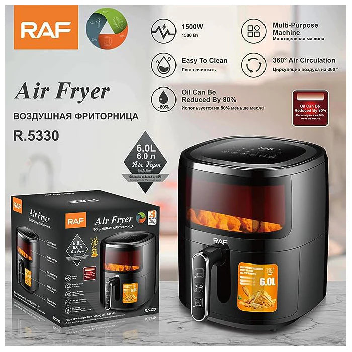 Friteuza Air Fryer RAF, 6L, Aer Cald Fara Ulei, 1500W, Negru, Sticla Transparenta, Touch Screen Digital