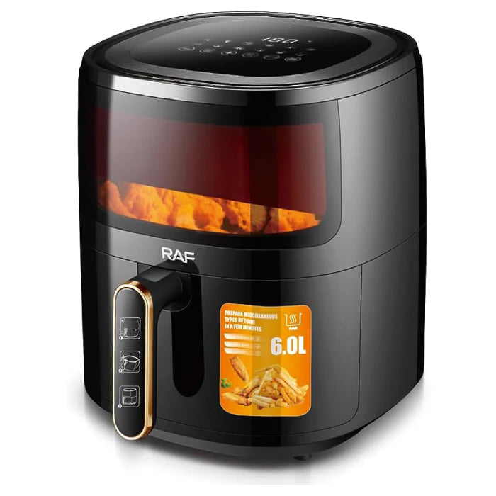 Friteuza Air Fryer RAF, 6L, Aer Cald Fara Ulei, 1500W, Negru, Sticla Transparenta, Touch Screen Digital
