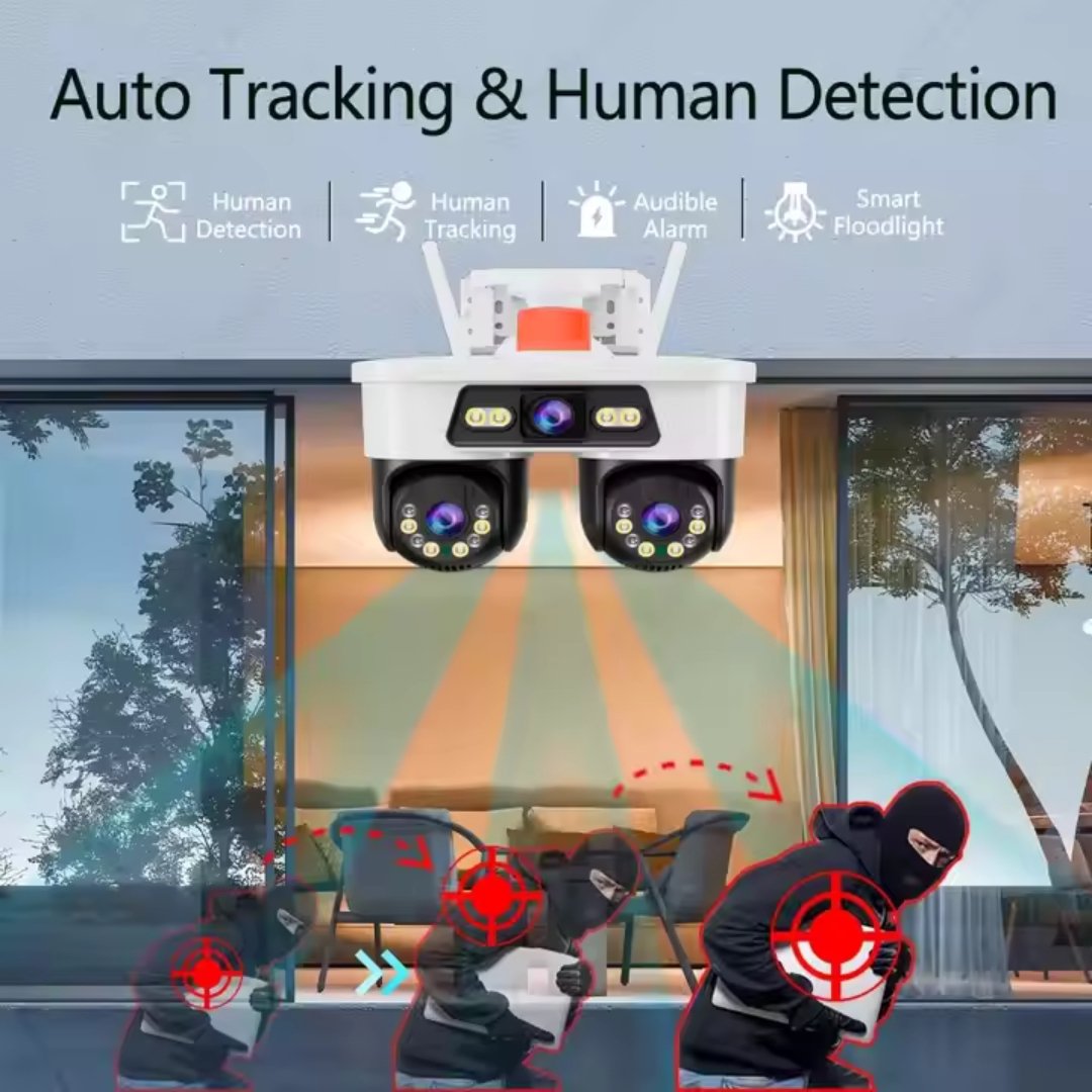 Camera Supraveghere WiFi/LAN Jortan, 3 Lentile, 9MP, Cap Dublu PTZ 355°, Night Vision, IP66 + Card microSD 64GB