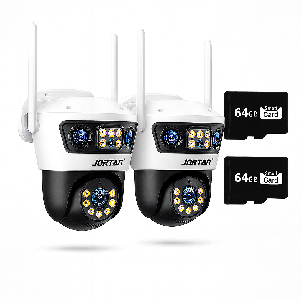 SET 2x Camere Tri-Lens 9MP Jortan, WiFi/LAN, Night Vision Color, IP66, Yoosee + 2x Carduri MicroSD 64GB
