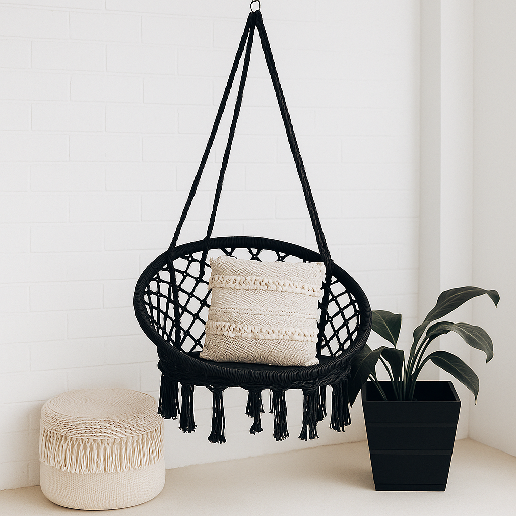 Leagan Brazilian Impletit cu Franjuri, Scaun Agatat, 120 kg, Interior Exterior, Negru